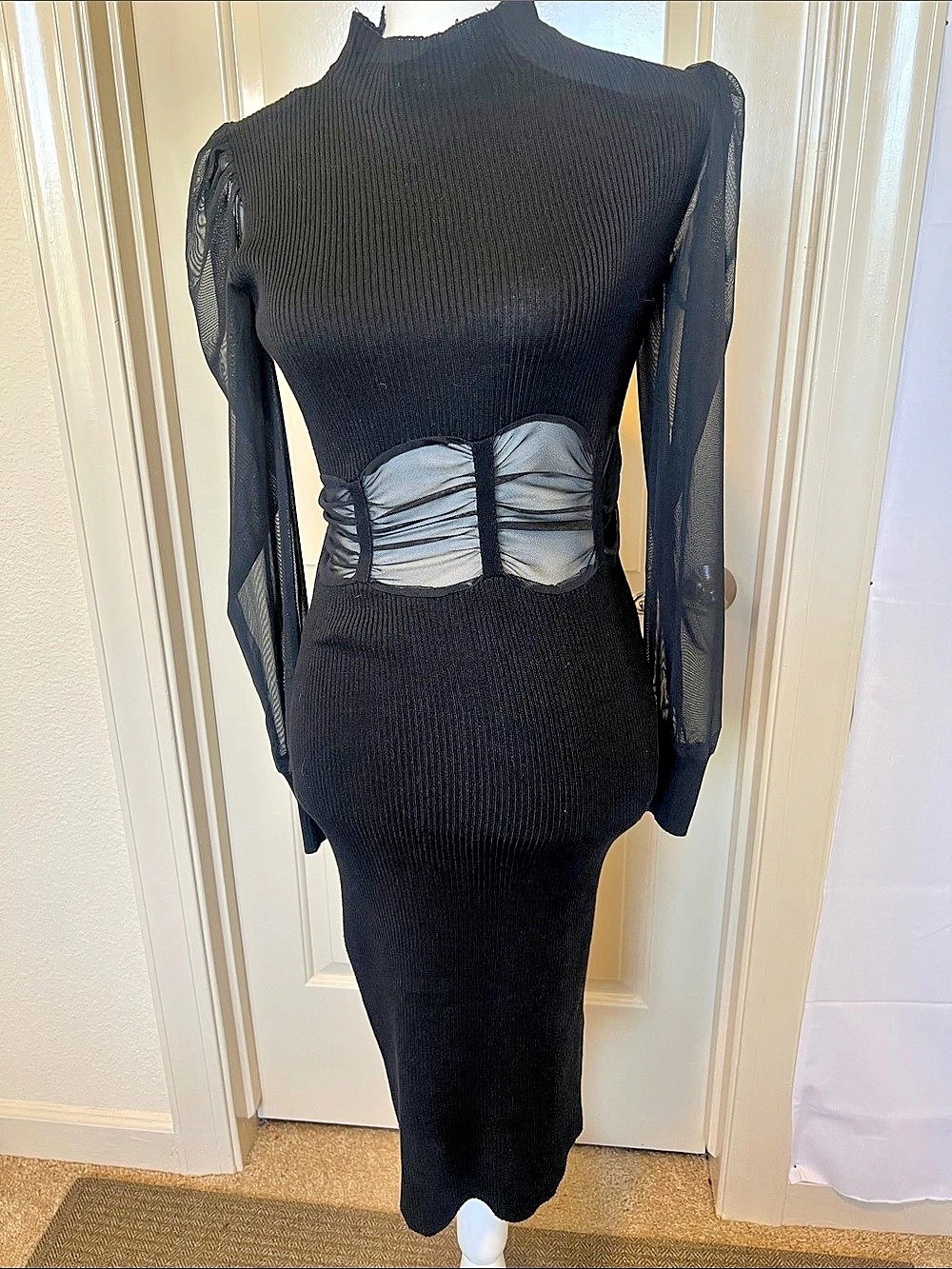 Black Ribbed Midi Dress with Sheer Sleeves